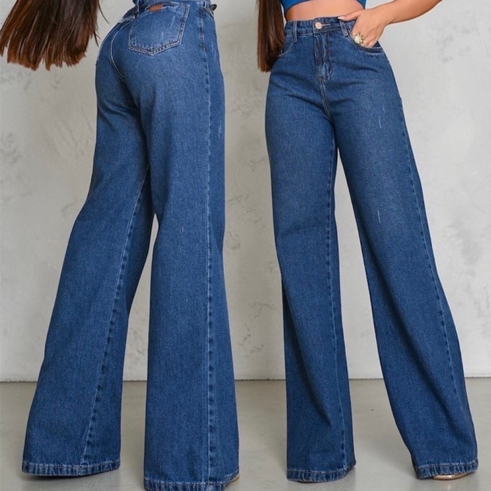 Calça Wide Leg Jeans Feminina Cintura
