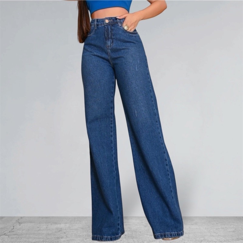 Calça Wide Leg Jeans Feminina Cintura
